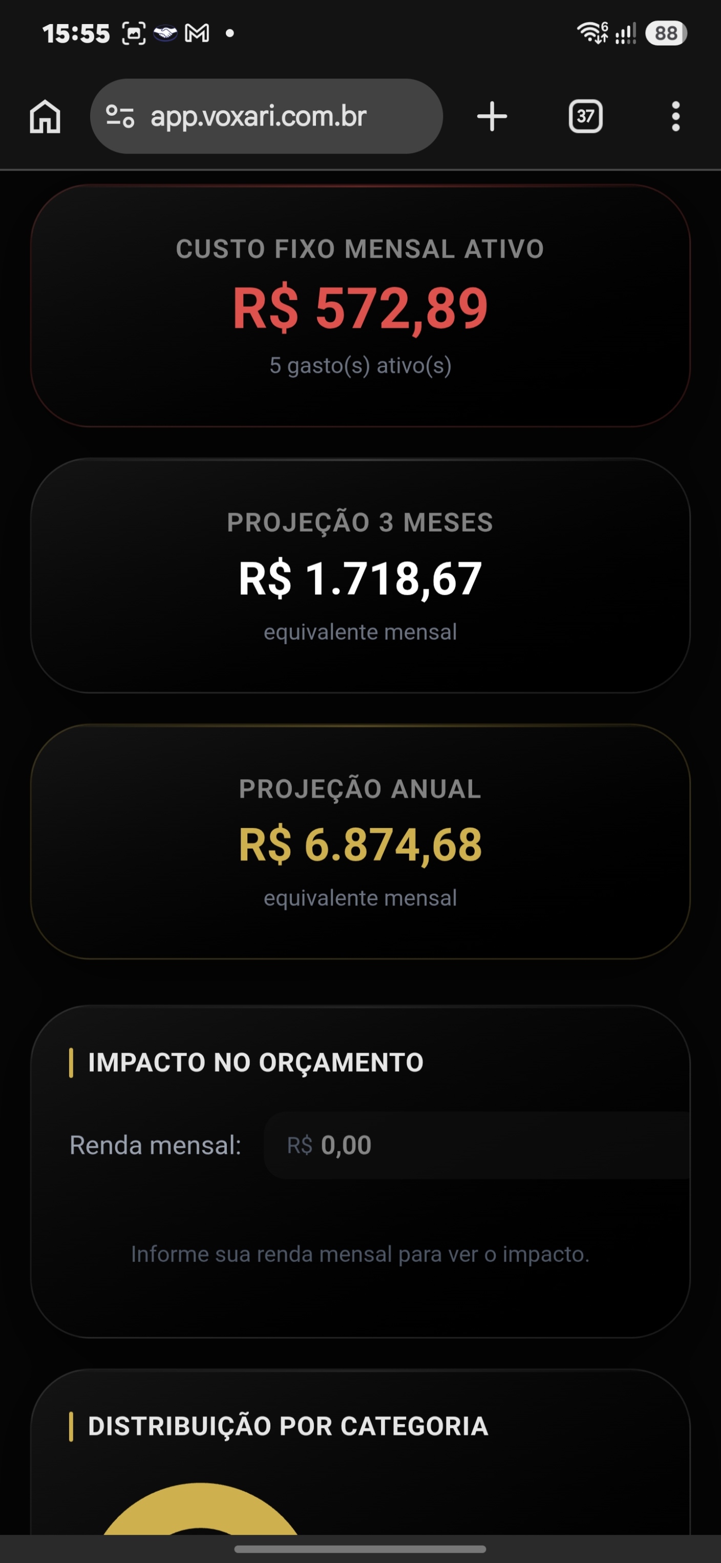 Tela de Gastos Recorrentes do VoxariCorp Financial Suite no celular, com custo fixo mensal, projeções e distribuição por categoria