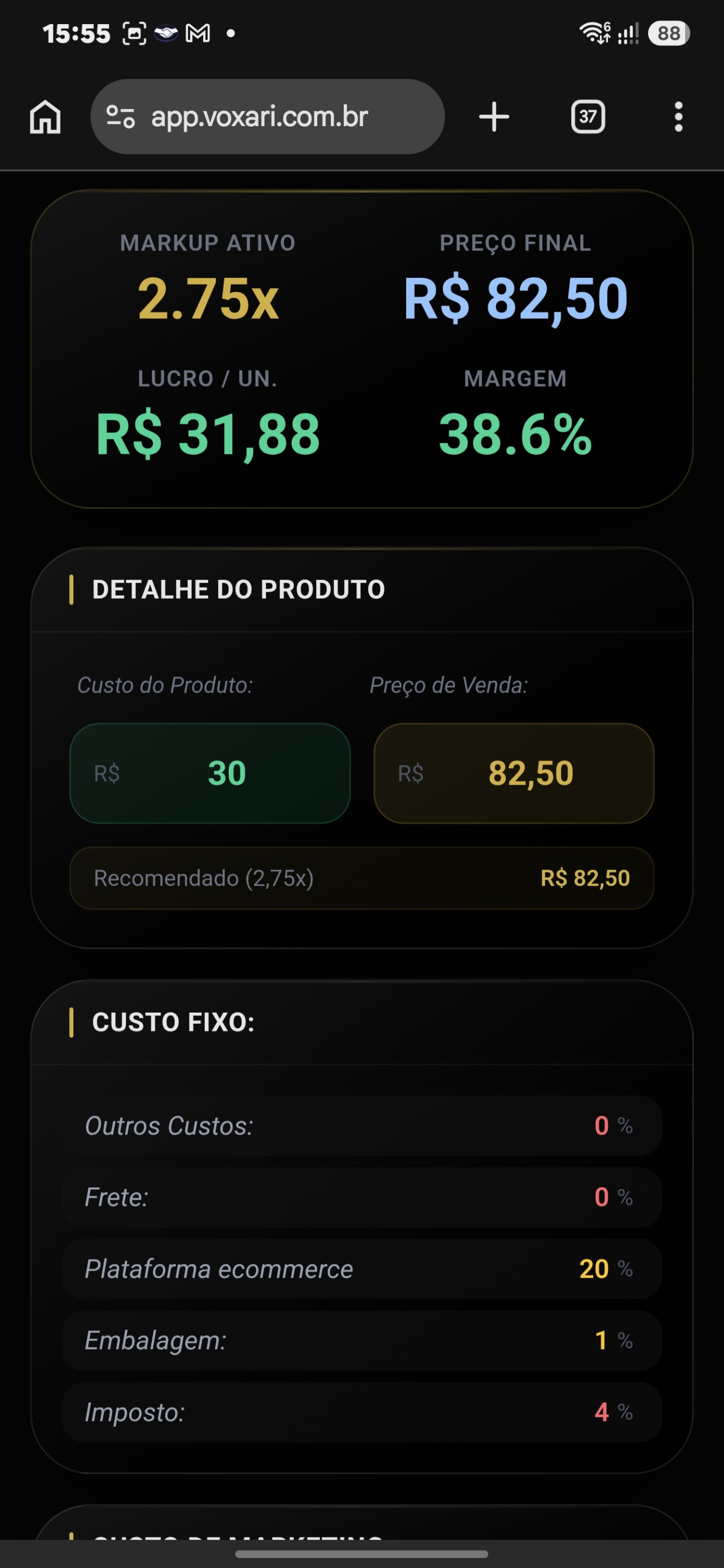 Tela de Precificação de Produtos do VoxariCorp Financial Suite no celular, com markup ativo, preço final, lucro por unidade e detalhe do produto