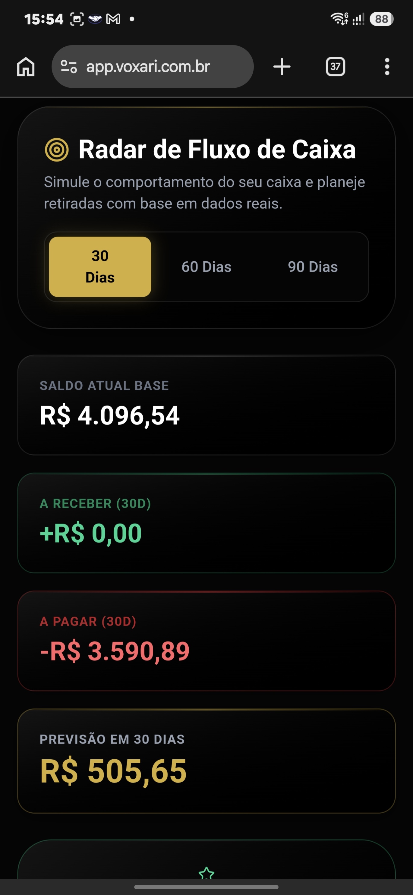 Tela de Previsibilidade do VoxariCorp Financial Suite no celular, com radar de fluxo de caixa, saldo base, valores a pagar e a receber