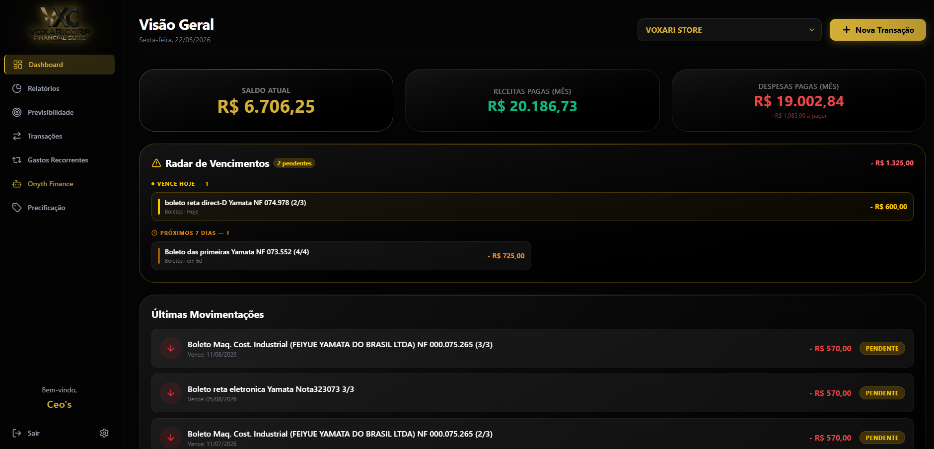 Tela Visão Geral do VoxariCorp Financial Suite, mostrando saldo, receitas, despesas e últimas movimentações